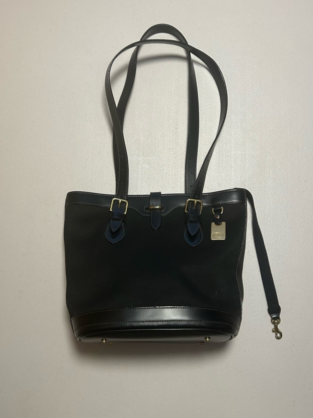 Dooney and Bourke RARE Black leather and cloth tote bag with gold hardware